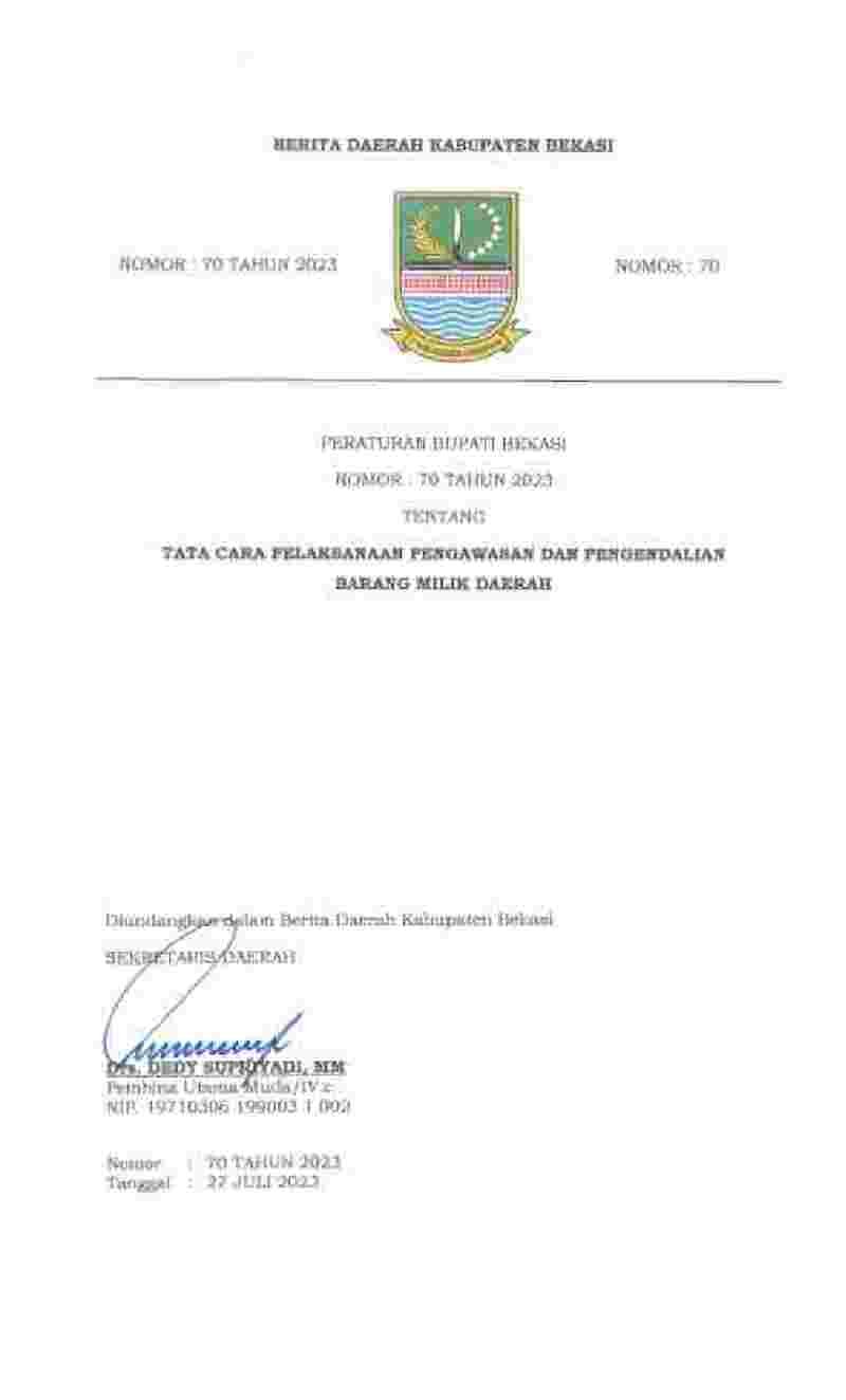 Peraturan Bupati Bekasi No 70 tahun 2023 tentang Tata Cara Pelaksanaan Pengawasan dan Pengendalian Barang Milik Daerah