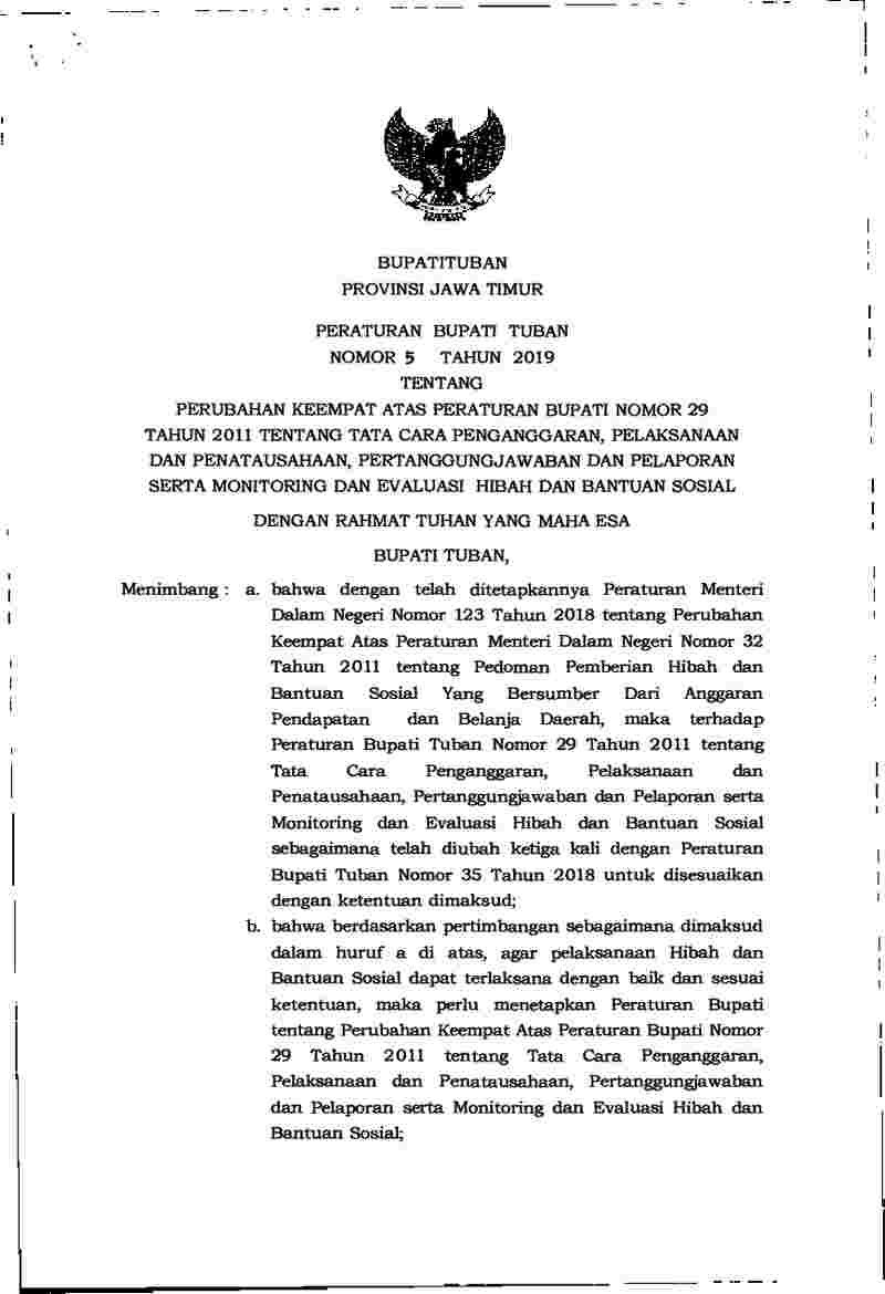 Peraturan Bupati Tuban No 5 tahun 2019 tentang Perubahan Keempat atas Peraturan Bupati Nomor 29 Tahun 2011 tentang Tata Cara Penganggaran, Pelaksanaan dan Penatausahaan, Pertanggungjawaban dan Pelaporan serta Monitoring dan Evaluasi Hibah dan Bantuan Sosial 