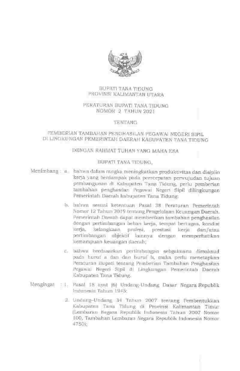 Peraturan Bupati Tana Tidung No 2 tahun 2021 tentang Pemberian Tambahan Penghasilan Pegawai Negeri Sipil di Lingkungan Pemerintah Daerah Kabupaten Tana Tidung