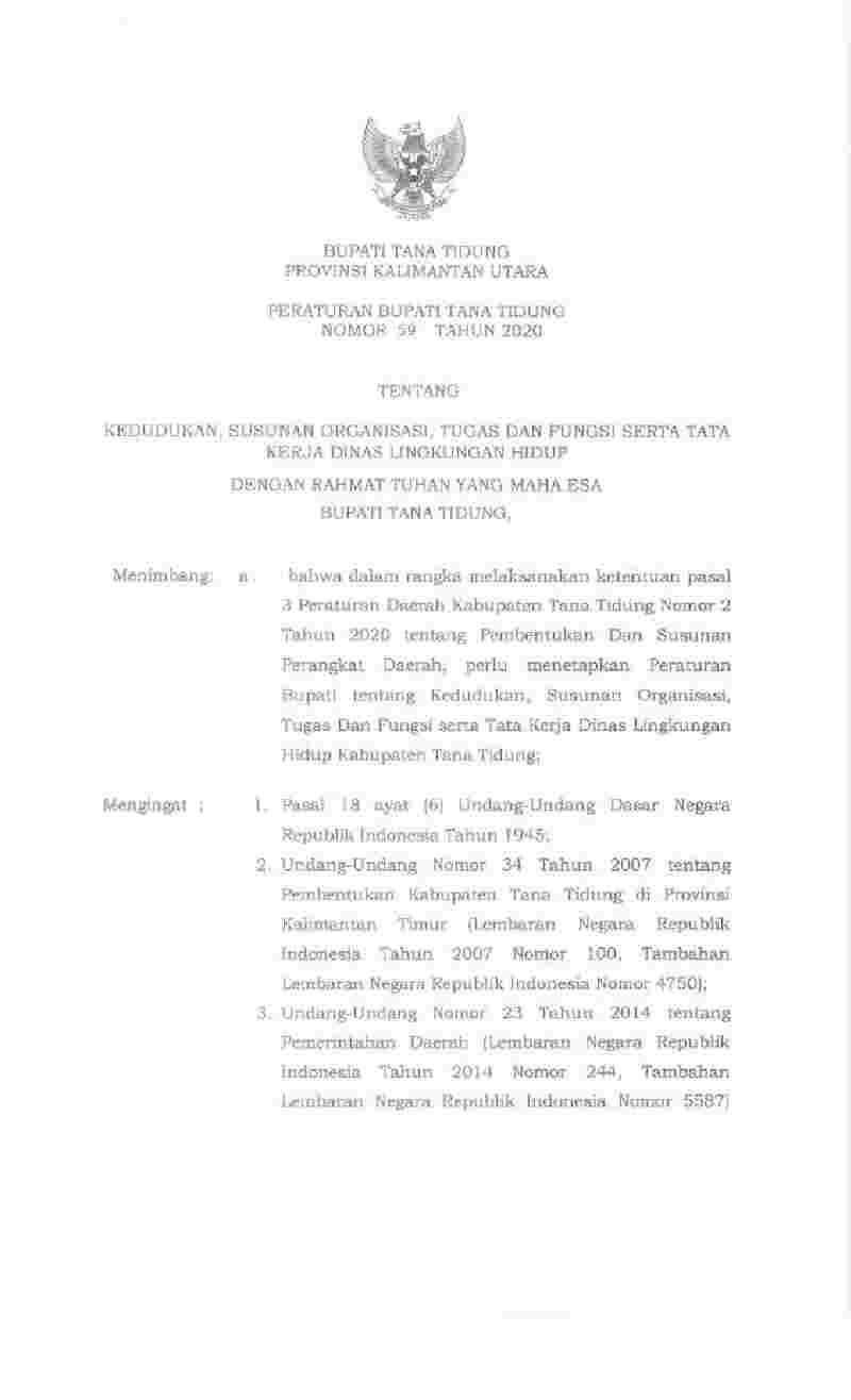 Peraturan Bupati Tana Tidung No 59 tahun 2020 tentang Kedudukan, Susunan Organisasi, Tugas dan Fungsi serta Tata Kerja Dinas Lingkungan Hidup