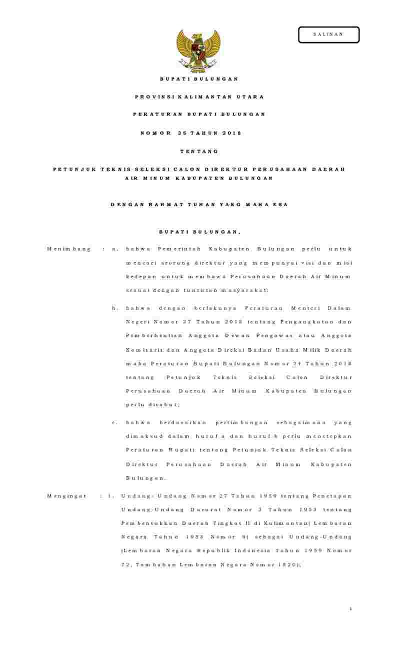 Peraturan Bupati Bulungan No 35 tahun 2018 tentang Petunjuk Teknis Seleksi Calon Direktur Perusahaan Daerah Air Minum Kabupaten Bulungan