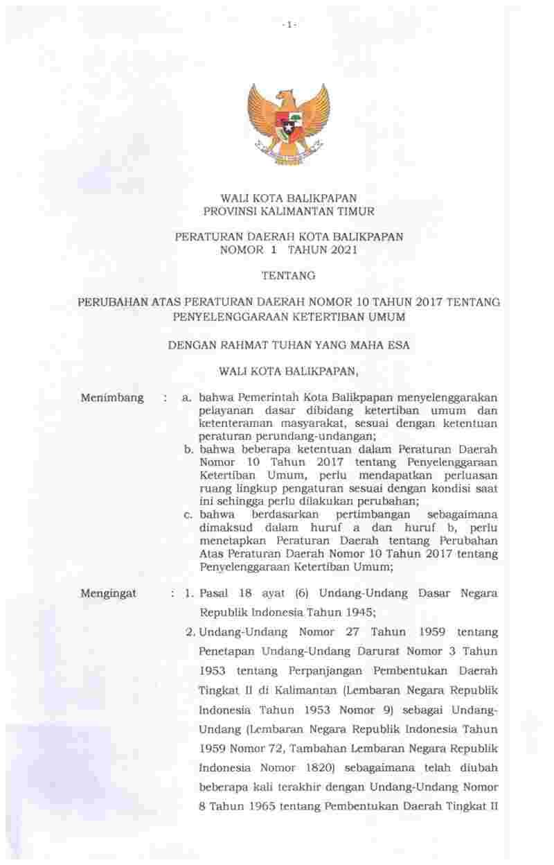 Peraturan Daerah Kota Balikpapan No 1 tahun 2021 tentang Perubahan atas Peraturan Daerah Nomor 10 Tahun 2017 tentang Penyelenggaraan Ketertiban Umum