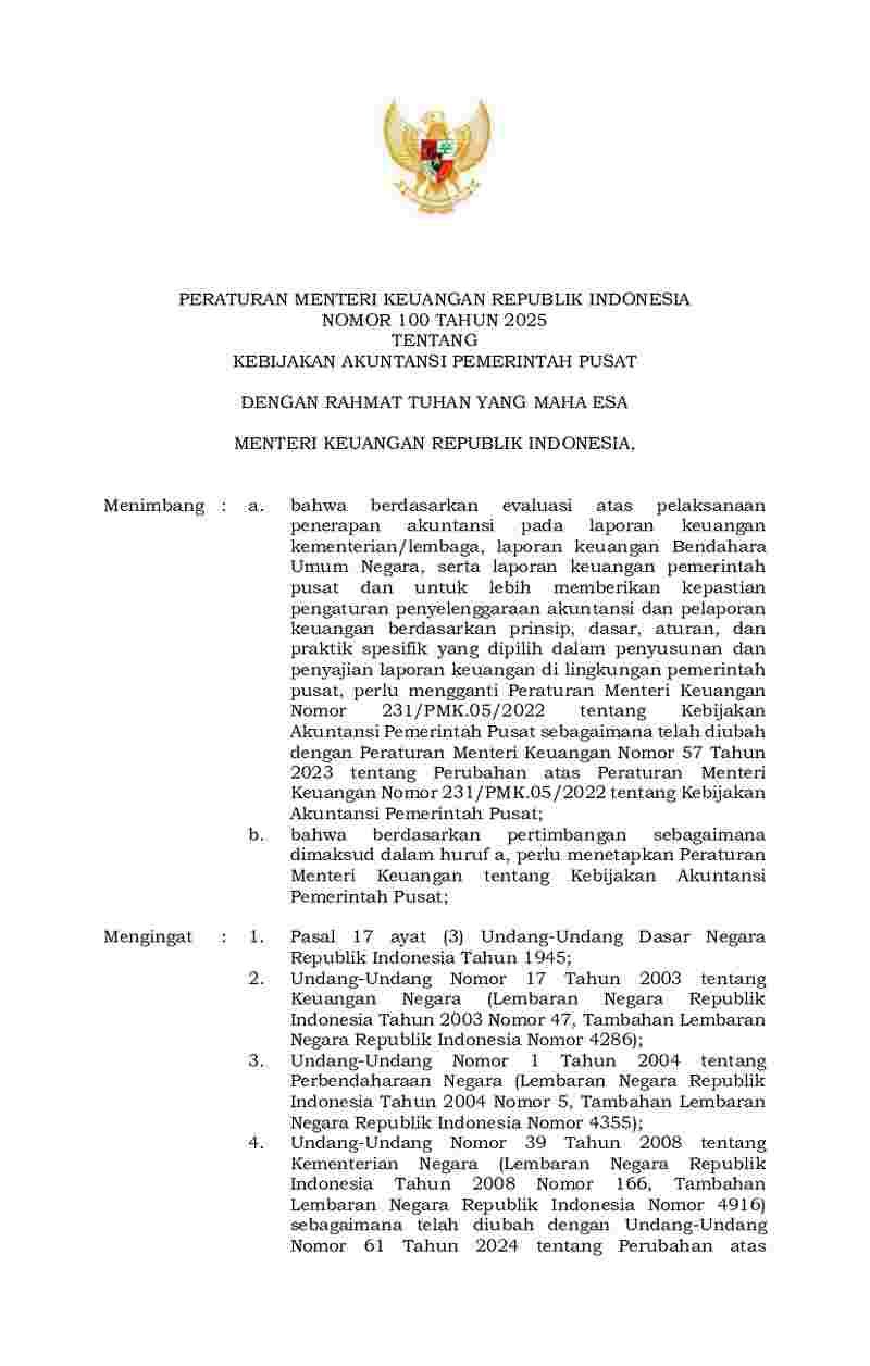 Peraturan Menteri Keuangan No 100 tahun 2025 tentang Kebijakan Akuntansi Pemerintah Pusat