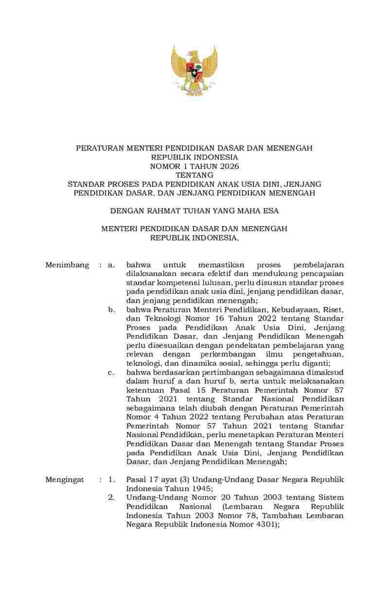 Peraturan Menteri Pendidikan Dasar dan Menengah No 1 tahun 2026 tentang ...