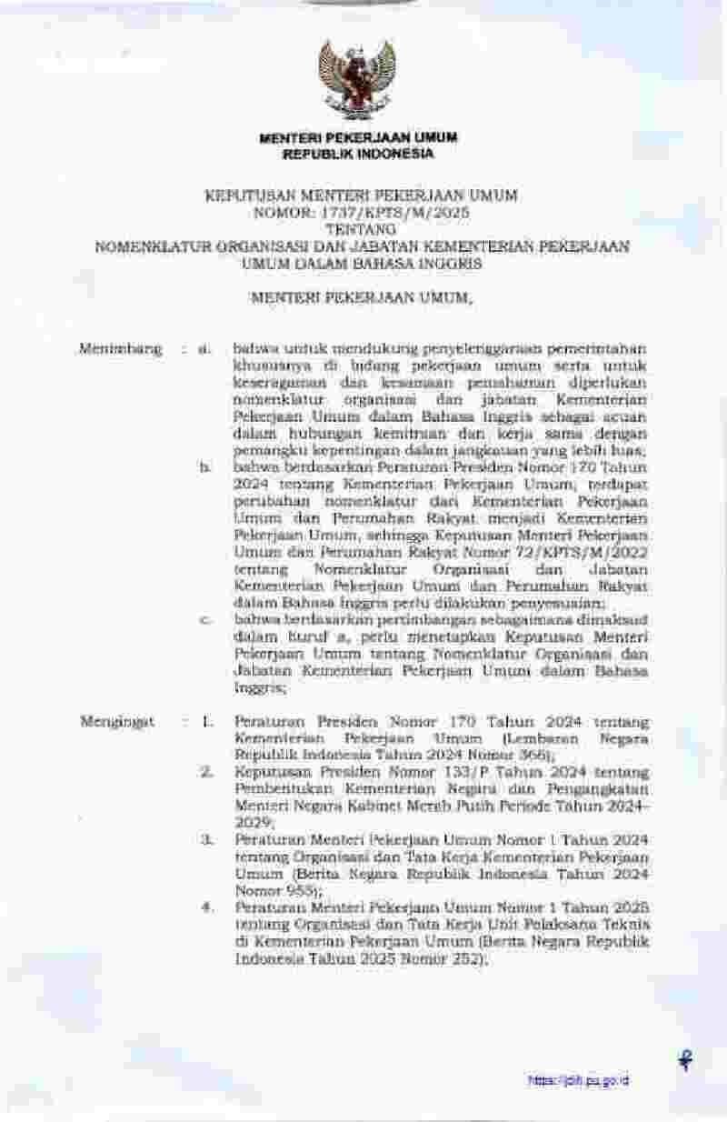 Keputusan Menteri Pekerjaan Umum No 1737/KPFS/M/2025 tahun 2025 tentang Nomenklatur Organisasi dan Jabatan Kementerian Pekerjaan Umum dalam Bahasa Inggris