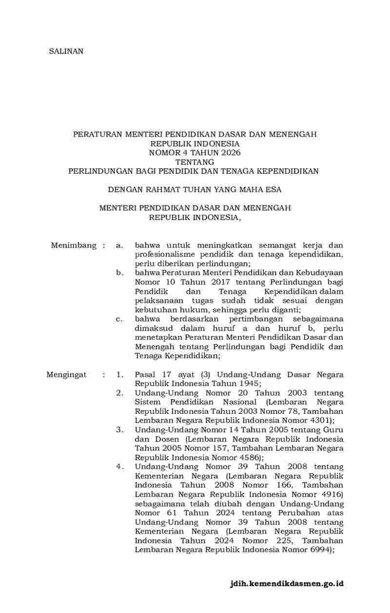 Peraturan Menteri Pendidikan Dasar dan Menengah No 4 tahun 2026 tentang ...
