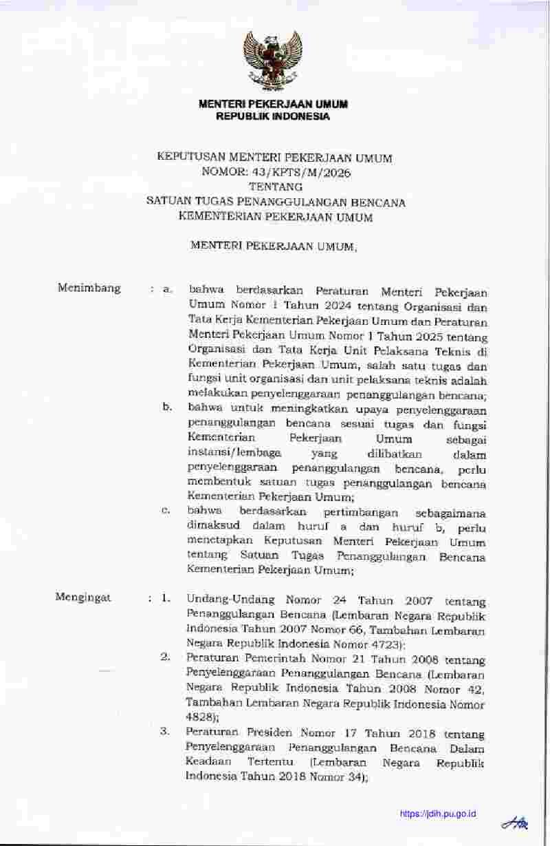 Keputusan Menteri Pekerjaan Umum No 43/KPTS/M/2026 tahun 2026 tentang Satuan Tugas Penangulangan Bencana Kementerian Pekerjaan Umum