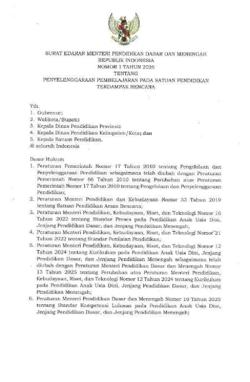 Surat Edaran Menteri Pendidikan Dasar dan Menengah No 1 tahun 2026 tentang Penyelenggaraan Pembelajaran pada Satuan Pendidikan Terdampak Bencana