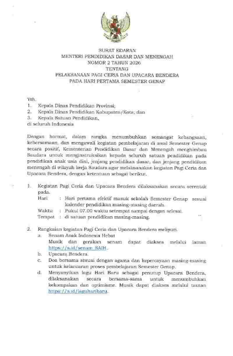 Surat Edaran Menteri Pendidikan Dasar dan Menengah No 2 tahun 2026 tentang Pelaksanaan Pagi Ceria dan Upacara Bendera pada Hari Pertama Semester Genap