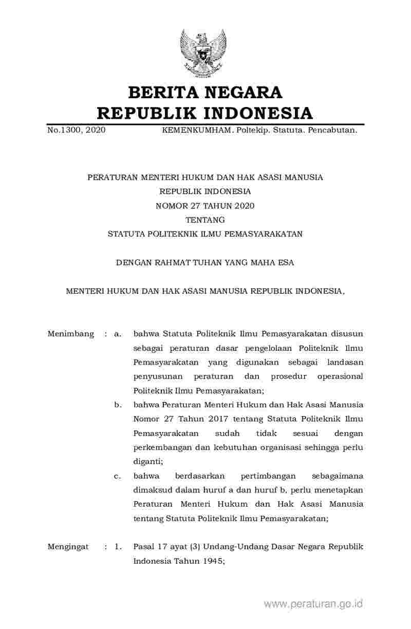 Peraturan Menteri Hukum dan HAM No 27 tahun 2020 tentang Statuta Politeknik Ilmu Pemasyarakatan