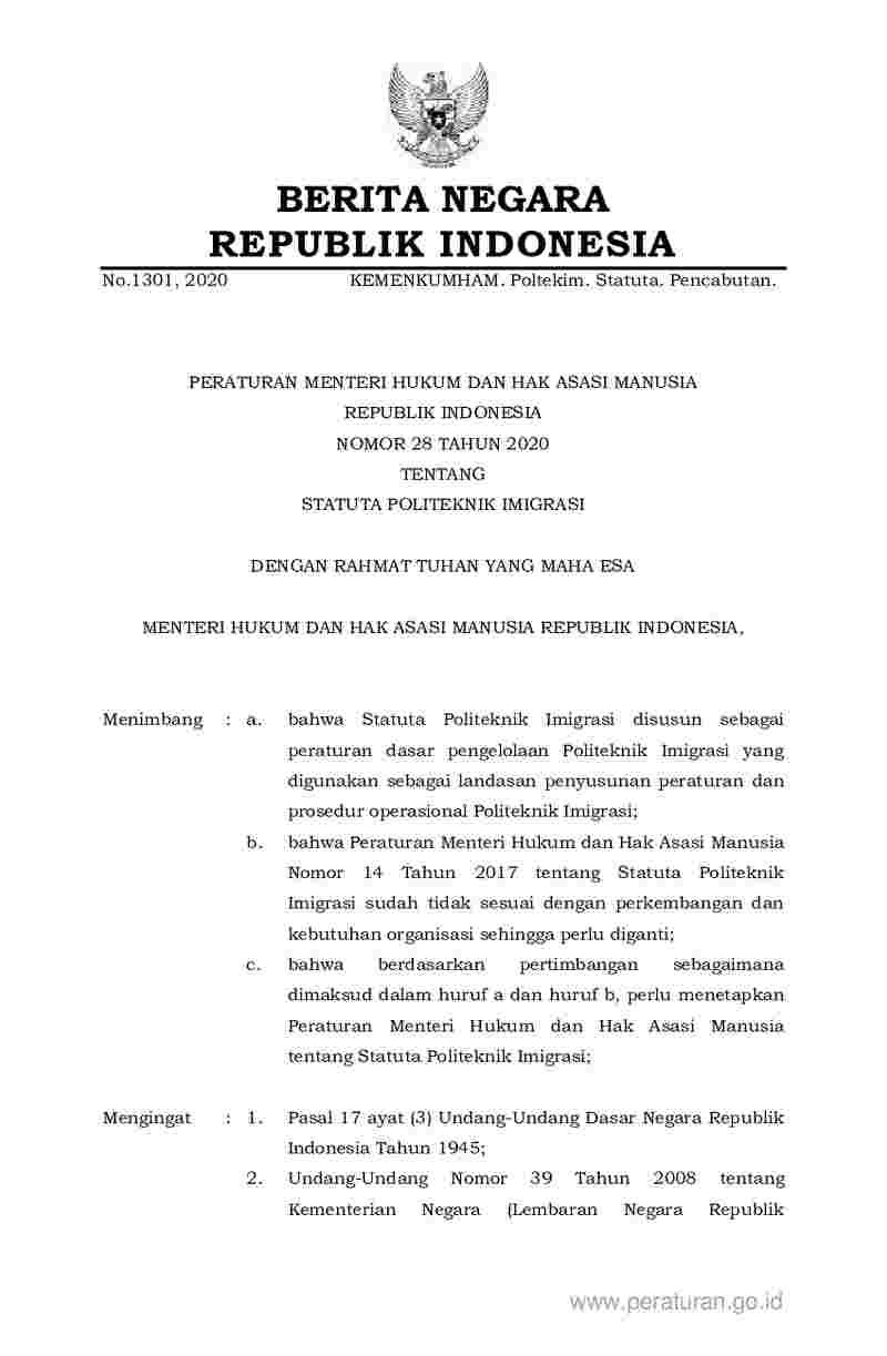Peraturan Menteri Hukum dan HAM No 28 tahun 2020 tentang Statuta Politeknik Imigrasi