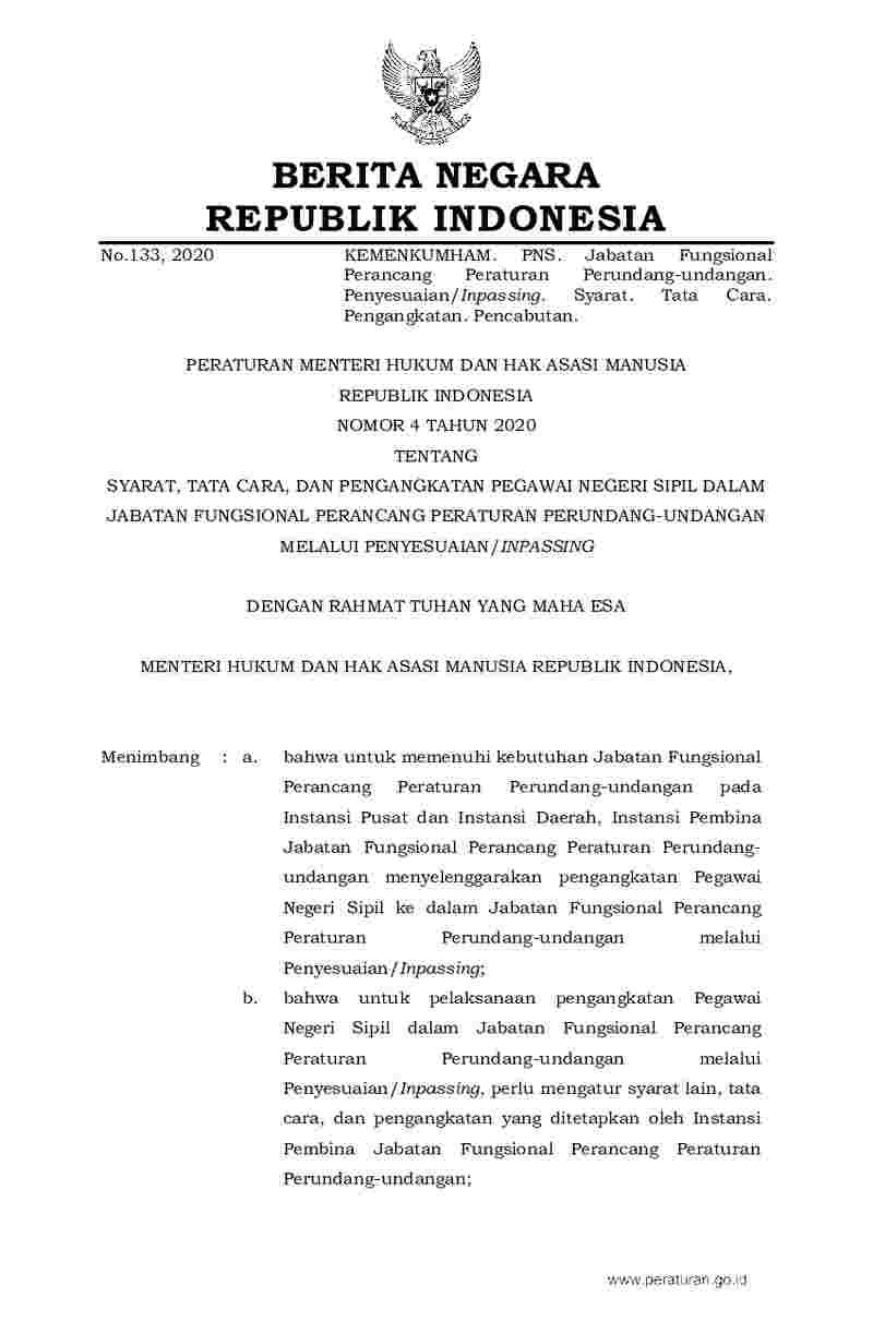 Peraturan Menteri Hukum dan HAM No 4 tahun 2020 tentang Syarat, Tata Cara, dan Pengangkatan Pegawai Negeri Sipil Dalam Jabatan Fungsional Perancang Peraturan Perundang-Undangan melalui Penyesuaian/Inpassing