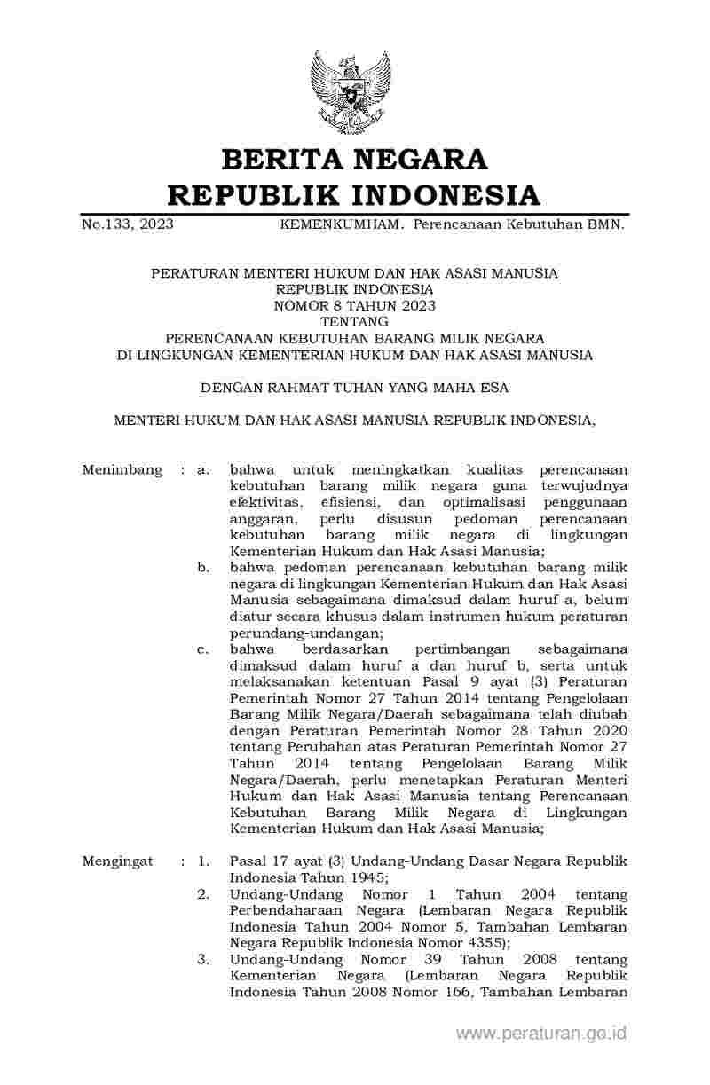 Peraturan Menteri Hukum dan HAM No 8 tahun 2023 tentang Perencanaan Kebutuhan Barang Milik Negara di Lingkungan Kementerian Hukum dan Hak Asasi Manusia