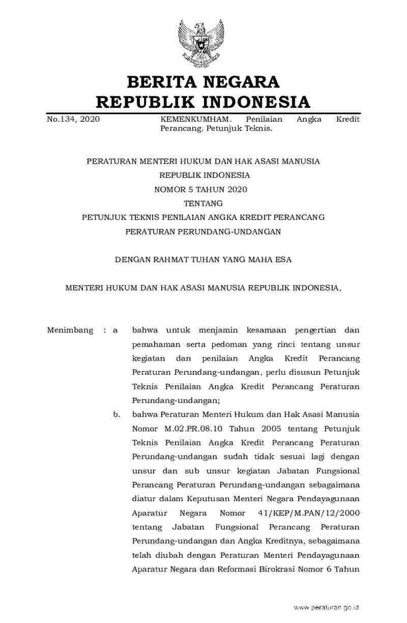 Peraturan Menteri Hukum dan HAM No 5 tahun 2020 tentang Petunjuk Teknis Penilaian Angka Kredit Perancang Peraturan Perundang-Undangan