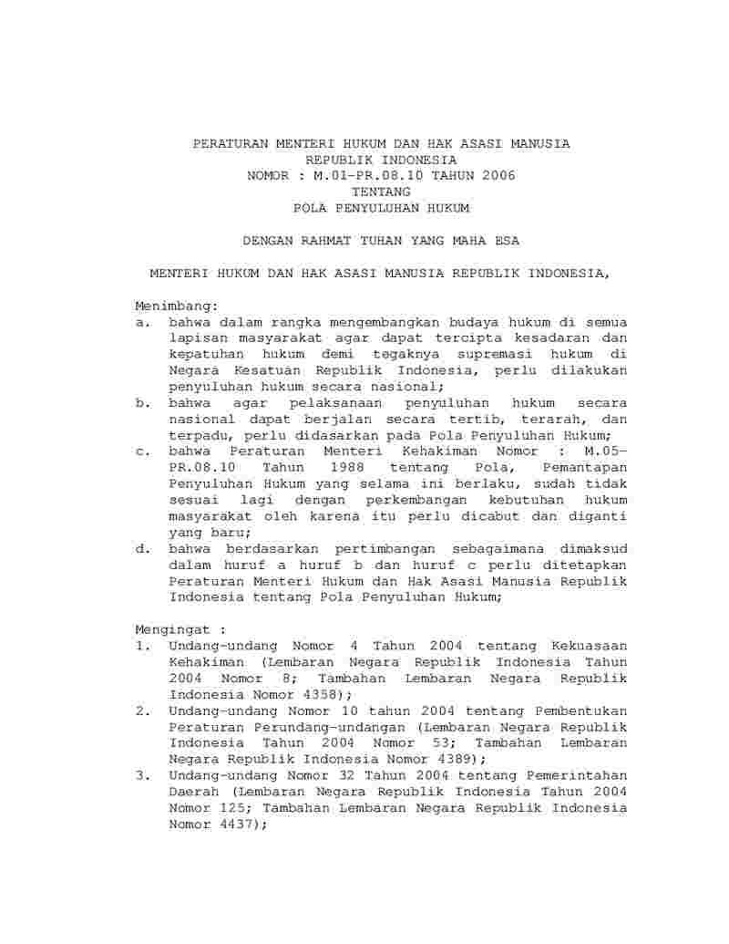 Peraturan Menteri Hukum dan HAM No M.01-PR.08.10 tahun 2006 tentang Pola Penyuluhan Hukum