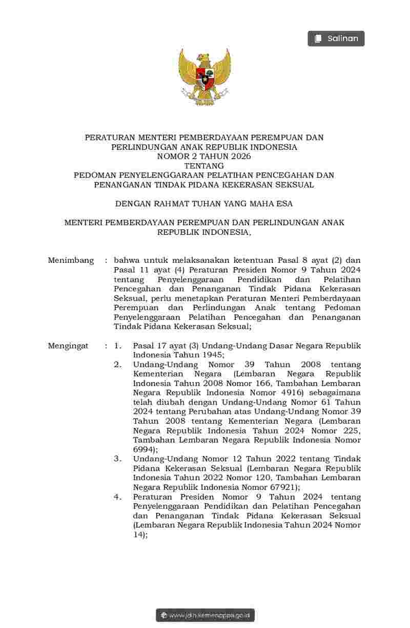 Peraturan Menteri Pemberdayaan Perempuan Dan Perlindungan Anak No 2 tahun 2026 tentang Pedoman Penyelenggaraan Pelatihan Pencegahan dan Penanganan Tindak Pidana Kekerasan Seksual