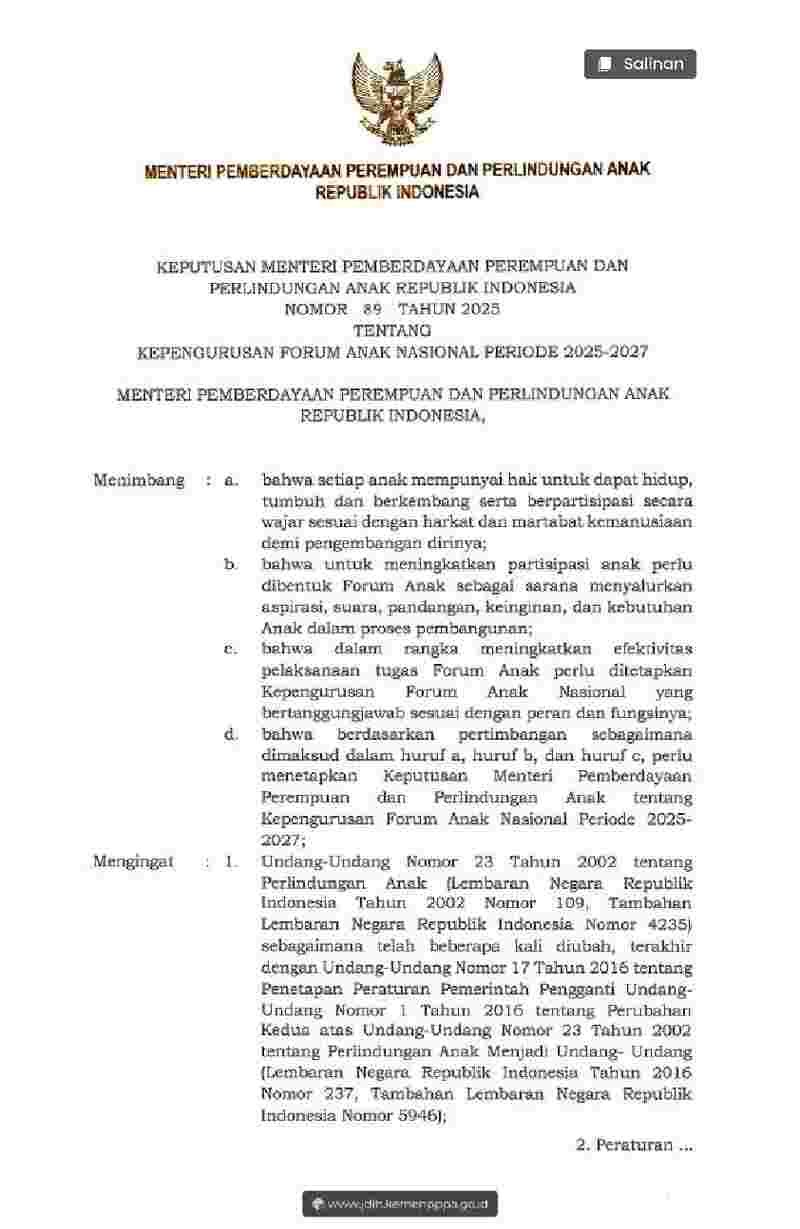 Keputusan Menteri Pemberdayaan Perempuan Dan Perlindungan Anak No 89 tahun 2026 tentang Kepengurusan Forum Anak Nasional Periode 2025-2027