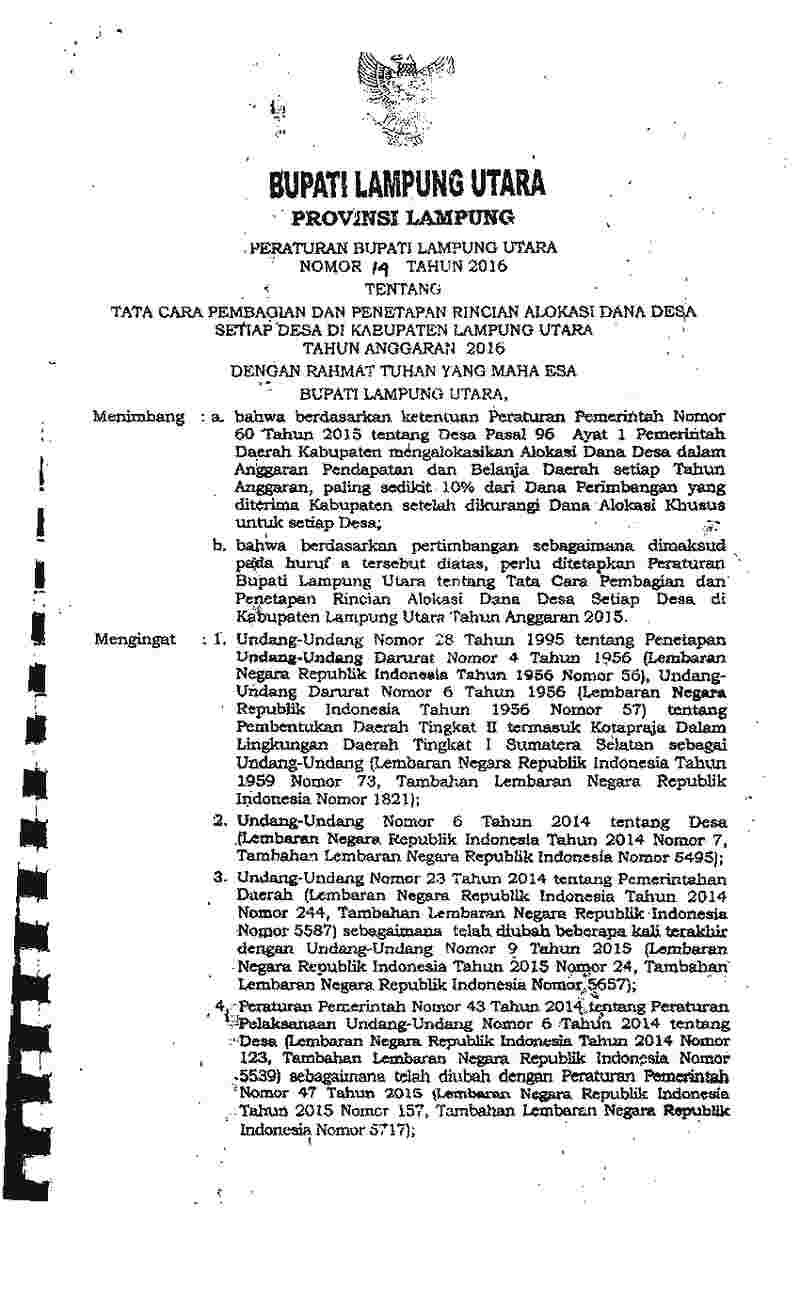 Peraturan Bupati Lampung Utara No 14 tahun 2016 tentang Tata Cara Pembagian dan Penetapan Rincian Alokasi Dana Desa setiap Desa di Kabupaten Lampung Utara Tahun Anggaran 2026