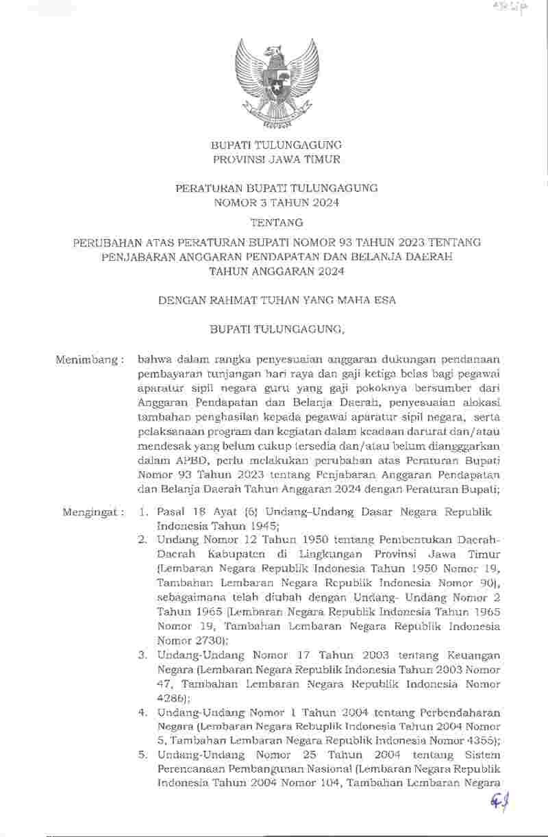 Peraturan Bupati Tulungagung No 3 tahun 2024 tentang Perubahan atas Peraturan Bupati Nomor 93 Tahun 2023 tentang Penjabaran Anggaran Pendapatan dan Belanja Daerah Tahun Anggaran 2024