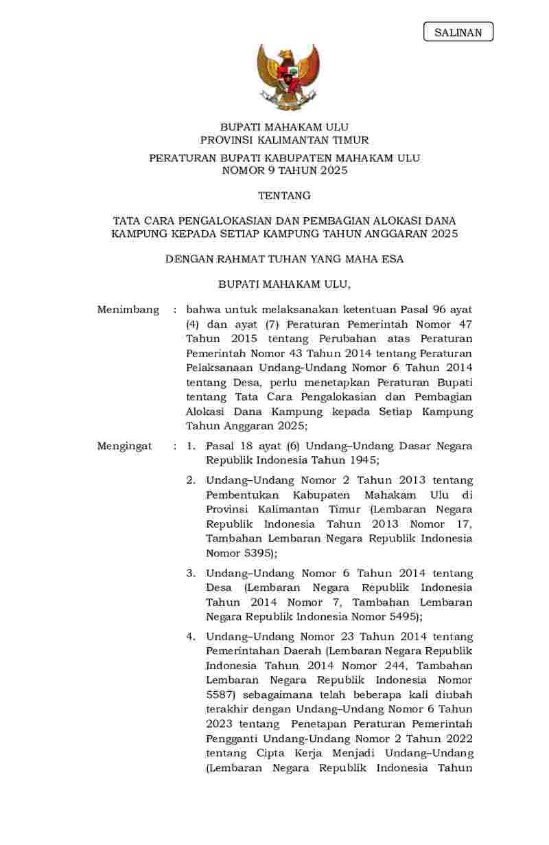 Peraturan Bupati Mahakam Ulu  No 9 tahun 2025 tentang Tata Cara Pengalokasian dan Pembagian Alokasi Dana Kampung kepada setiap Kampung Tahun Anggaran 2025