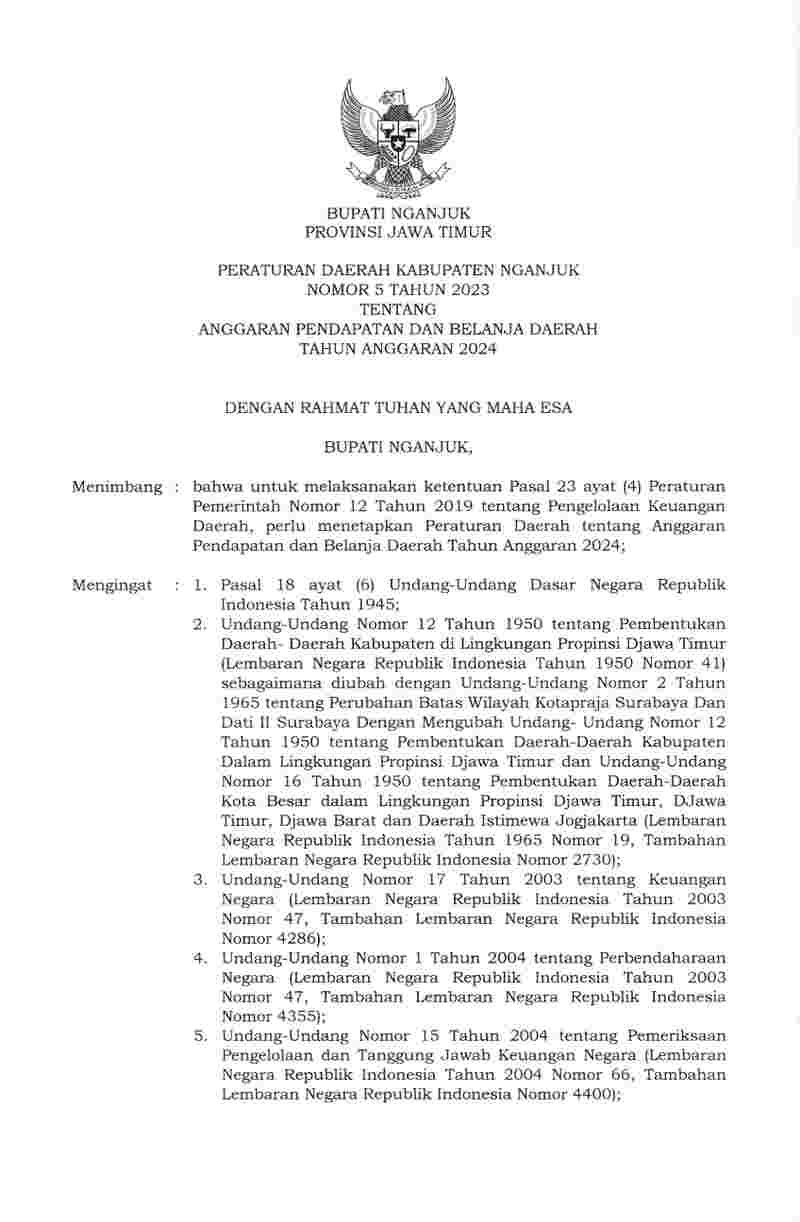 Peraturan Daerah Kabupaten Nganjuk No 5 tahun 2023 tentang Anggaran Pendapatan dan Belanja Daerah Tahun Anggaran 2024
