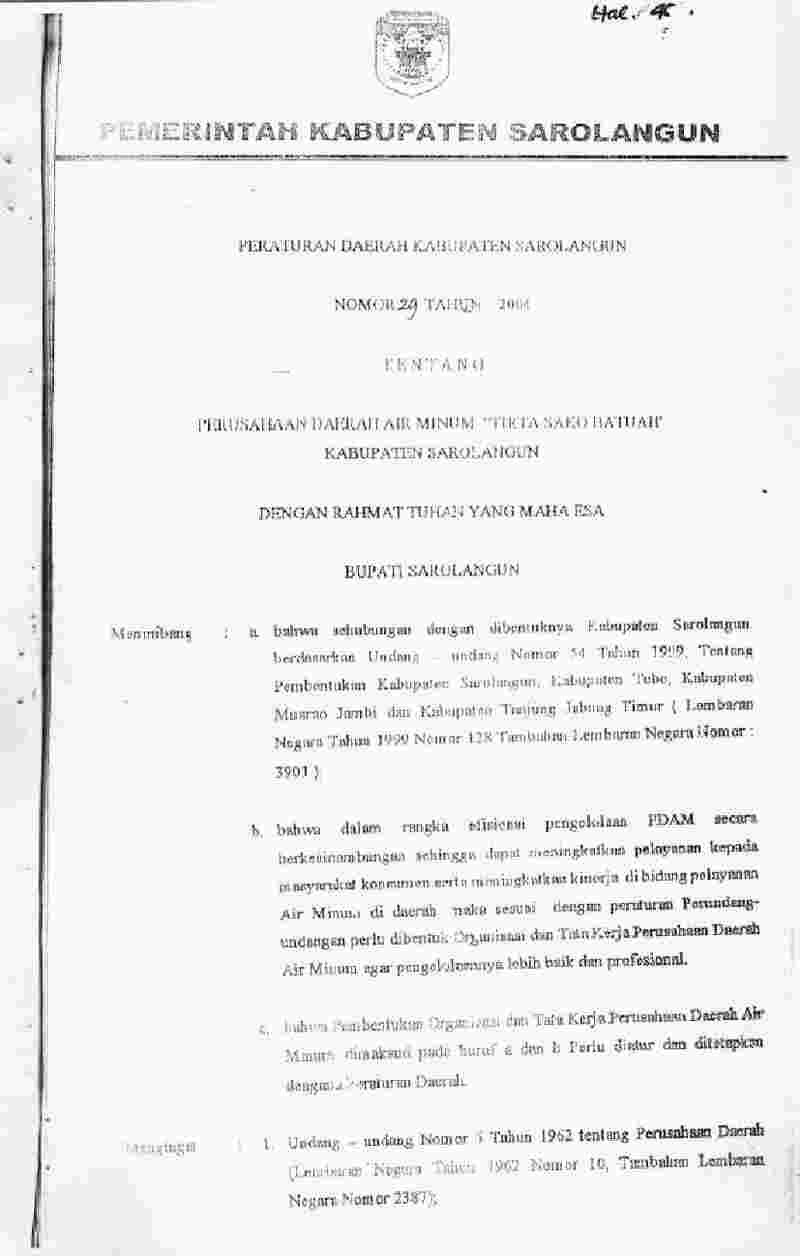 Peraturan Daerah Kabupaten Sarolangun No 29 tahun 2004 tentang Perusahaan Daerah Air Minum 