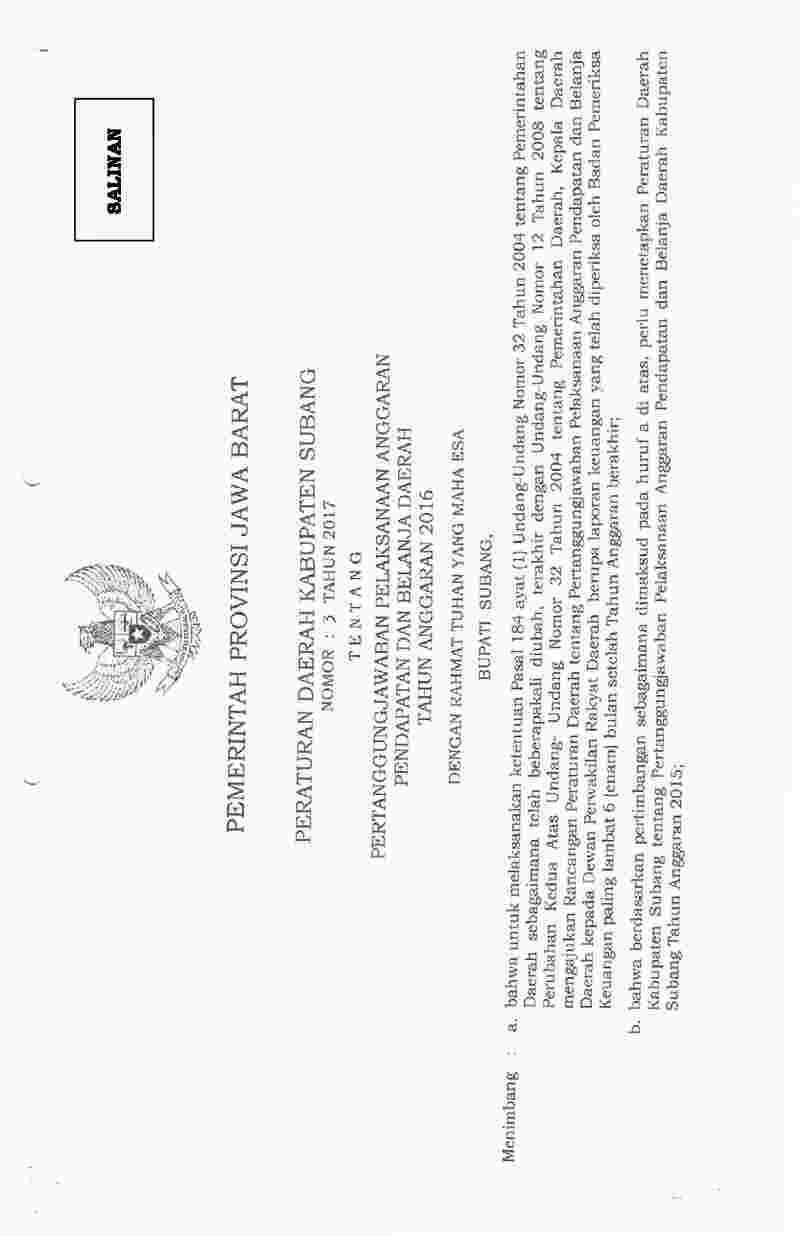 Peraturan Daerah Kabupaten Subang No 3 tahun 2017 tentang Pertanggungjawaban Pelaksanaan Anggaran Pendapatan dan Belaja Daerah Tahun Anggaran 2016