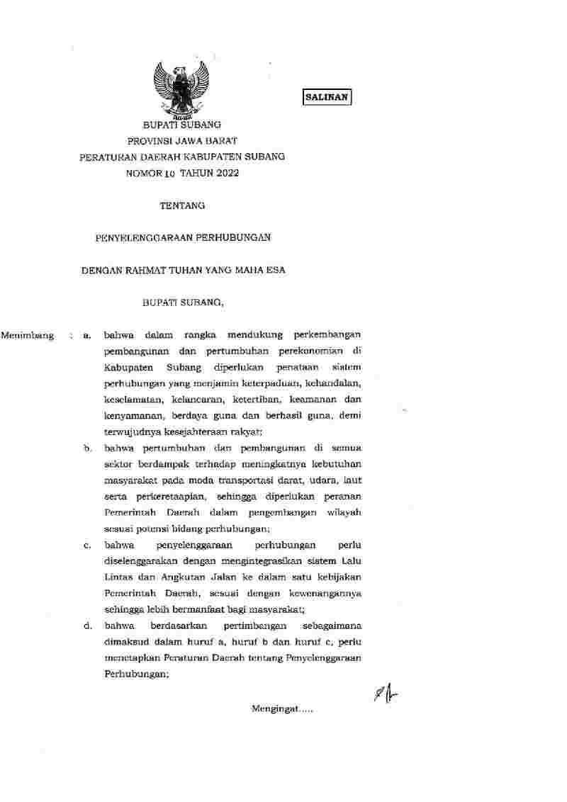 Peraturan Daerah Kabupaten Subang No 10 tahun 2022 tentang Penyelenggaraan Perhubungan