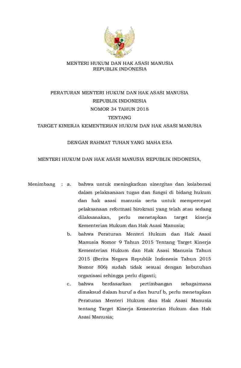 Peraturan Menteri Hukum dan HAM No 34 tahun 2018 tentang Target Kinerja Kementerian Hukum dan Hak Asasi Manusia