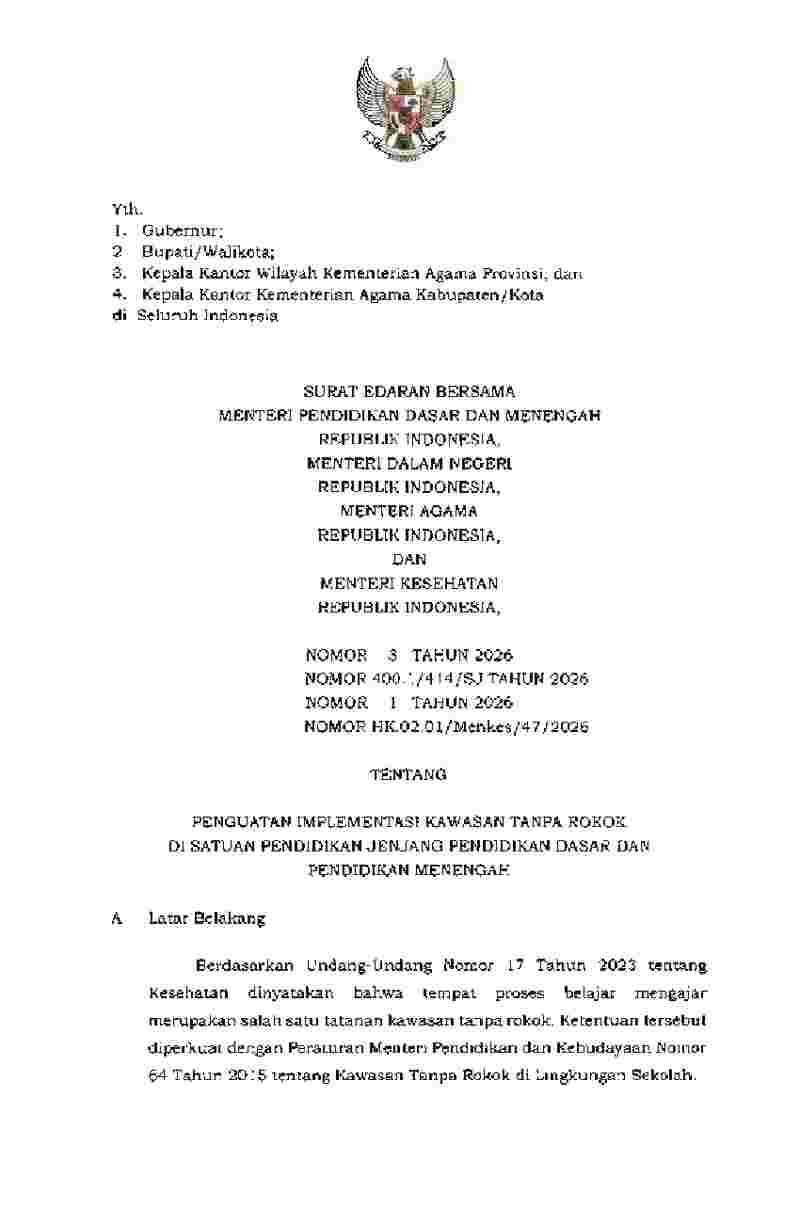 Surat Edaran Menteri Pendidikan Dasar dan Menengah No 3 tahun 2026 tentang Penguatan Implementasi Kawasan Tanpa Rokok di Satuan Pendidikan Jenjang Pendidikan Dasar dan Pendidikan Menengah