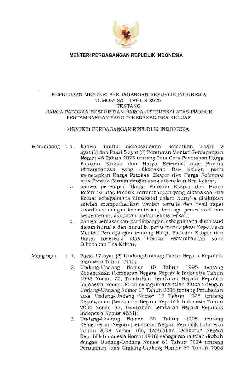 Keputusan Menteri Perdagangan No 375 tahun 2026 tentang Harga Patokan Ekspor dan Harga Referensi atas Produk Pertambangan yang Dikenakan Bea Keluar