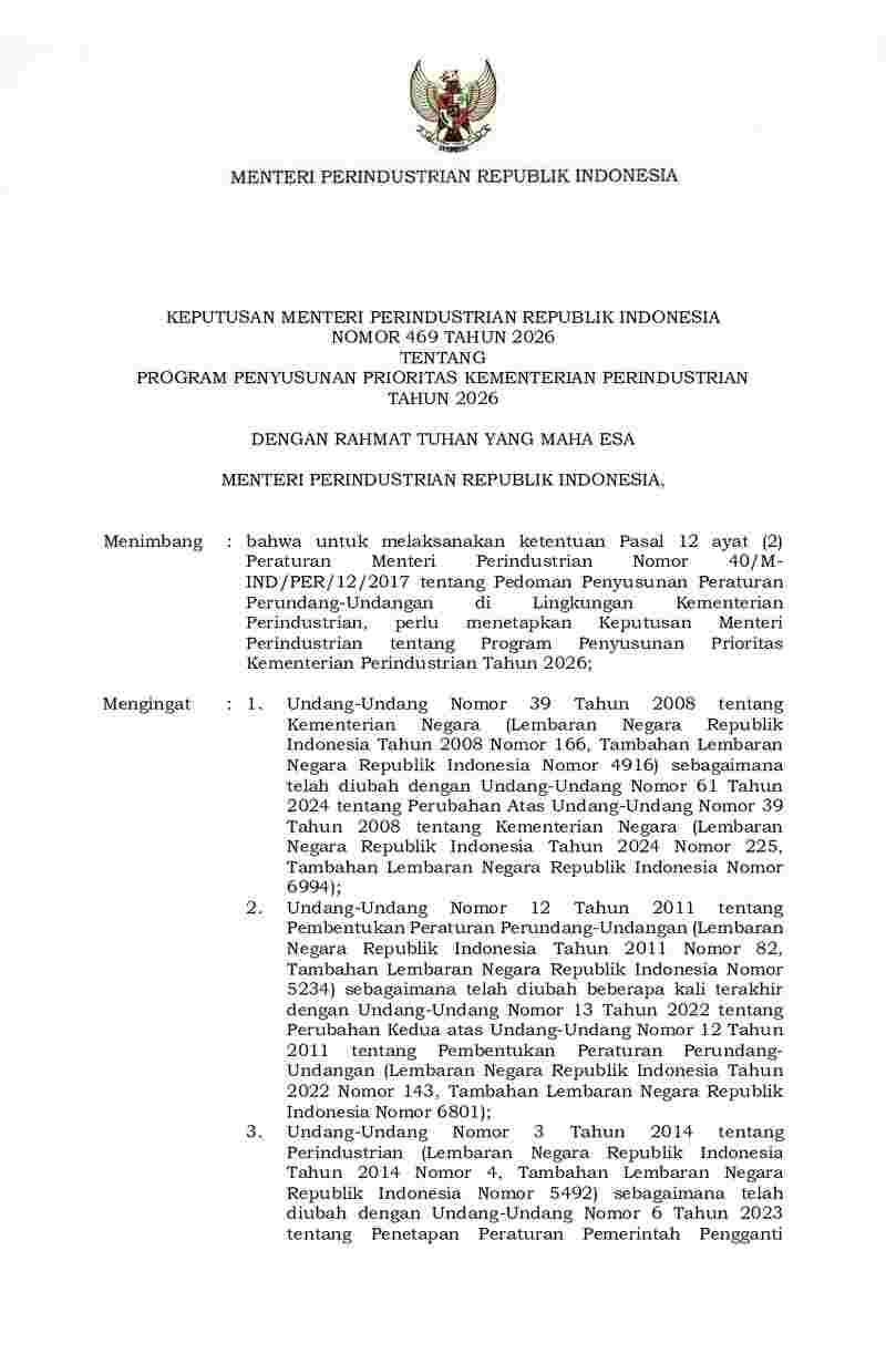 Keputusan Menteri Perindustrian No 469 tahun 2026 tentang Program Penyusunan Prioritas Kementerian Perindustrian Tahun 2026