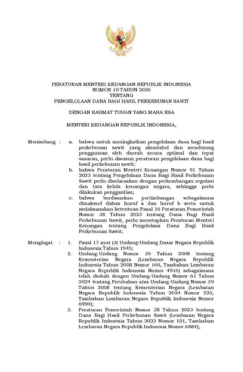 Peraturan Menteri Keuangan No 10 tahun 2026 tentang Pengelolaan Dana bagi Hasil Perkebunan Sawit