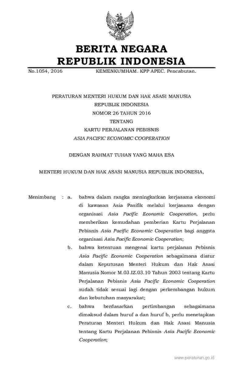 Peraturan Menteri Hukum dan HAM No 26 tahun 2016 tentang Kartu Perjalanan Pebisnis Asia Pacific Economic Cooperation