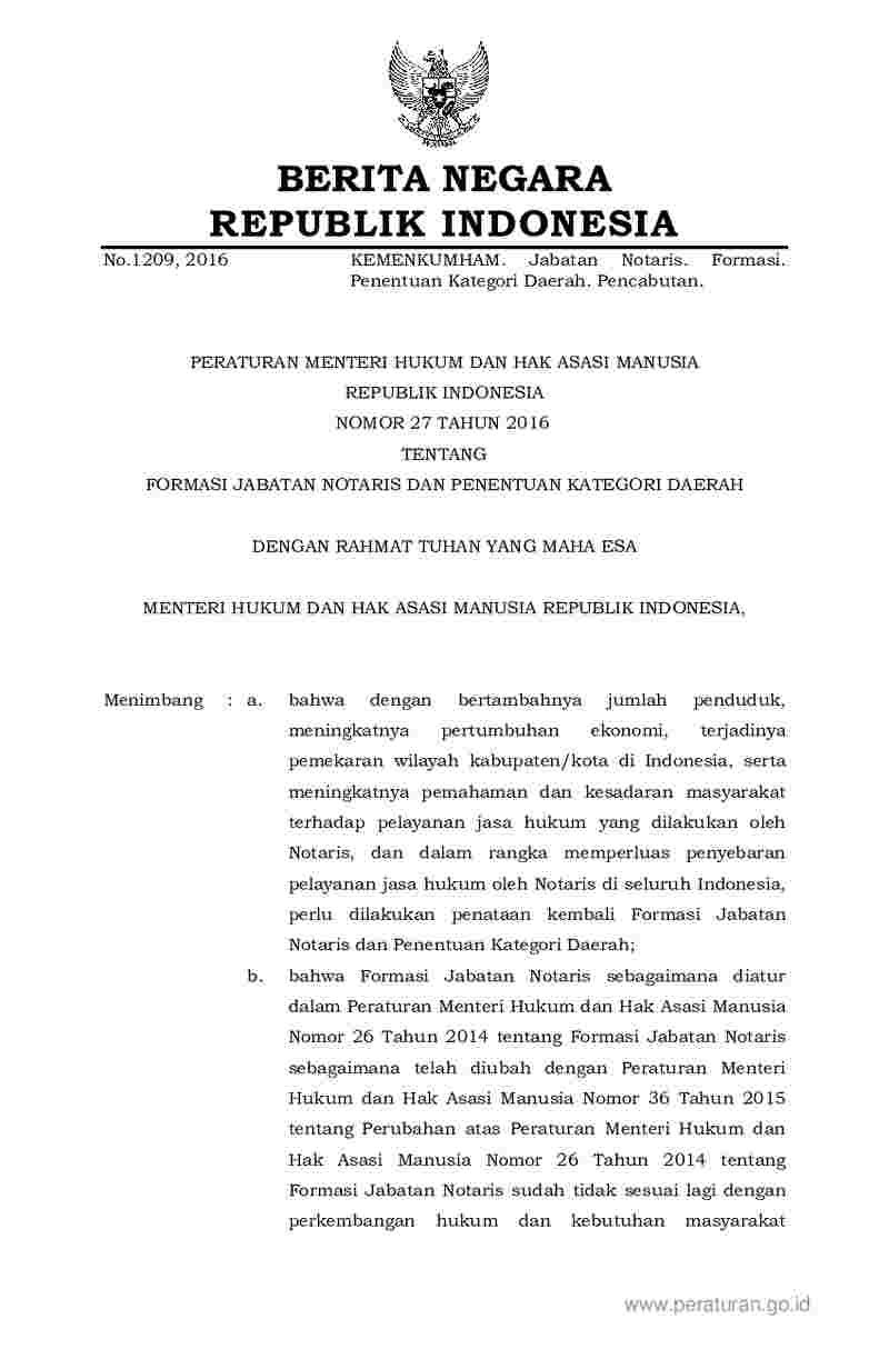Peraturan Menteri Hukum dan HAM No 27 tahun 2016 tentang Formasi Jabatan Notaris dan Penentuan Kategori Daerah