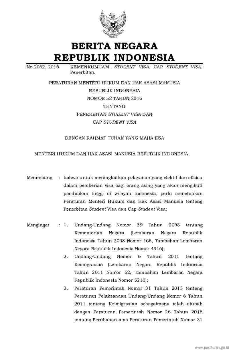 Peraturan Menteri Hukum dan HAM No 52 tahun 2016 tentang Penerbitan Student Visa dan Cap Student Visa