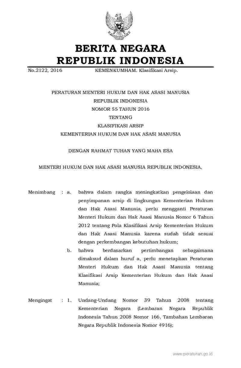 Peraturan Menteri Hukum dan HAM No 55 tahun 2016 tentang Klasifikasi Arsip Kementerian Hukum dan Hak Asasi Manusia