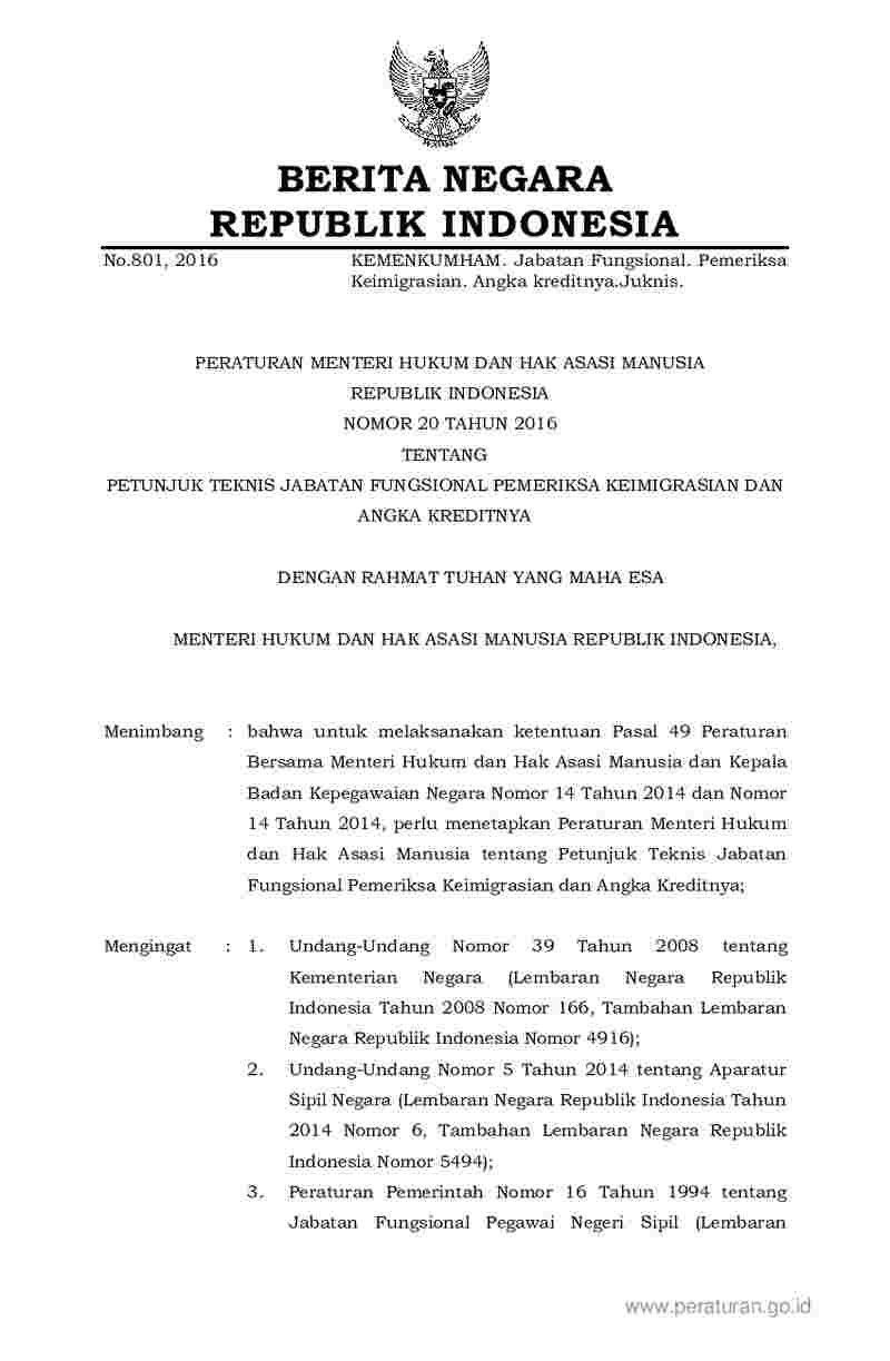 Peraturan Menteri Hukum dan HAM No 20 tahun 2016 tentang Petunjuk Teknis Jabatan Fungsional Pemeriksa Keimigrasian dan Angka Kreditnya