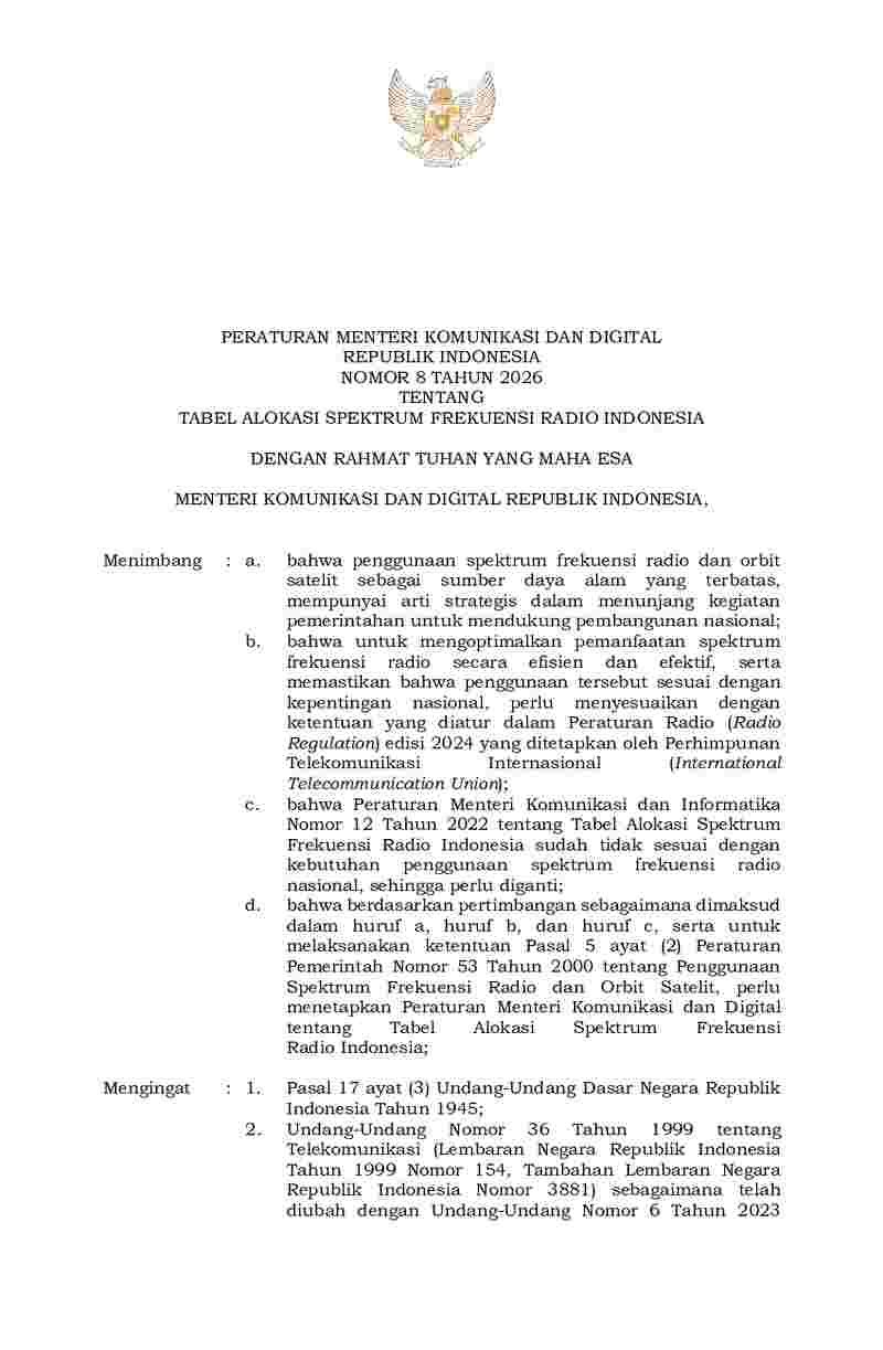 Peraturan Menteri Komunikasi dan Informatika (Kominfo) No 8 tahun 2026 tentang Tabel Alokasi Spektrum Frekuensi Radio Indonesia