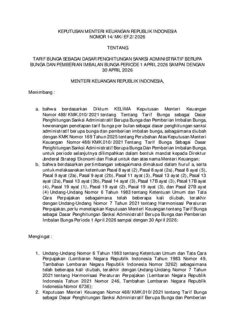 Keputusan Menteri Keuangan No 14/MK/EF.2/2026 tahun 2026 tentang Tarif Bunga sebagai Dasar Penghitungan Sanksi Administratif Berupa Bunga dan Pemberian Imbalan Bunga Periode 1 April 2026 sampai dengan 30 April 2026