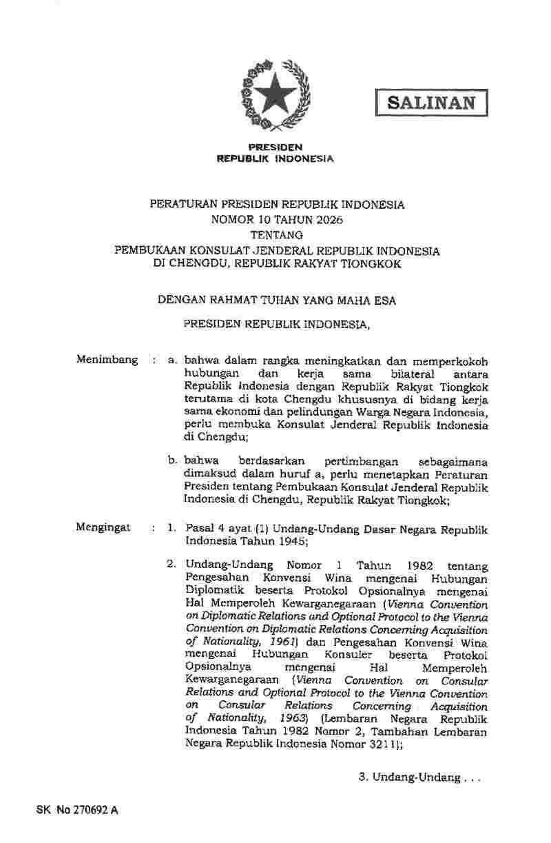 Peraturan Presiden No 10 tahun 2026 tentang Pembukaan Konsulat Jenderal Republik Indonesia di Chengdu, Republik Rakyat Tiongkok