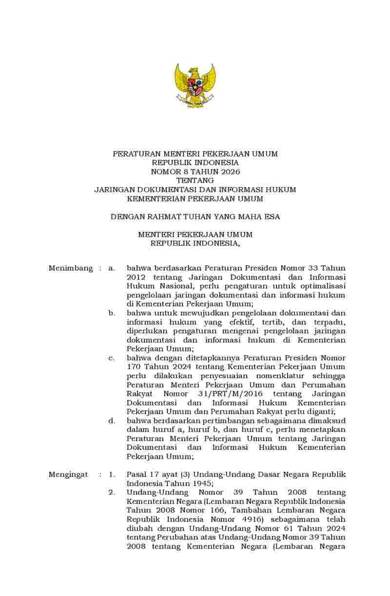 Peraturan Menteri Pekerjaan Umum No 8 tahun 2026 tentang Jaringan Dokumentasi dan Informasi Hukum Kementerian Pekerjaan Umum