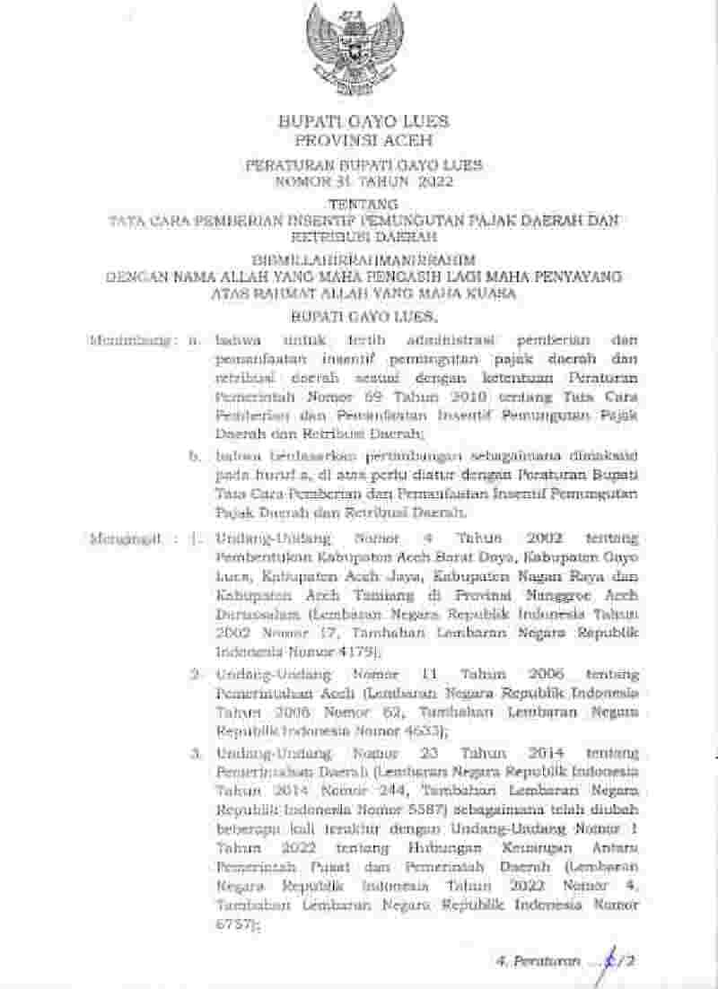 Peraturan Bupati Gayo Luwes No 31 tahun 2022 tentang Tata Cara Pemberian Insentif Pemungutan Pajak Daerah dan Retribusi Daerah