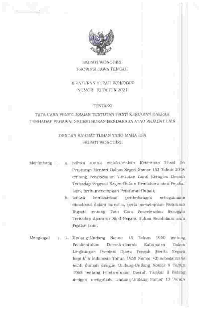 Peraturan Bupati Wonogiri No 83 tahun 2021 tentang Tata Cara Penyelesaian Tuntutan Ganti Kerugian Daerah Terhadap Pegawai Negeri Bukan Bendahara atau Pejabat Lain