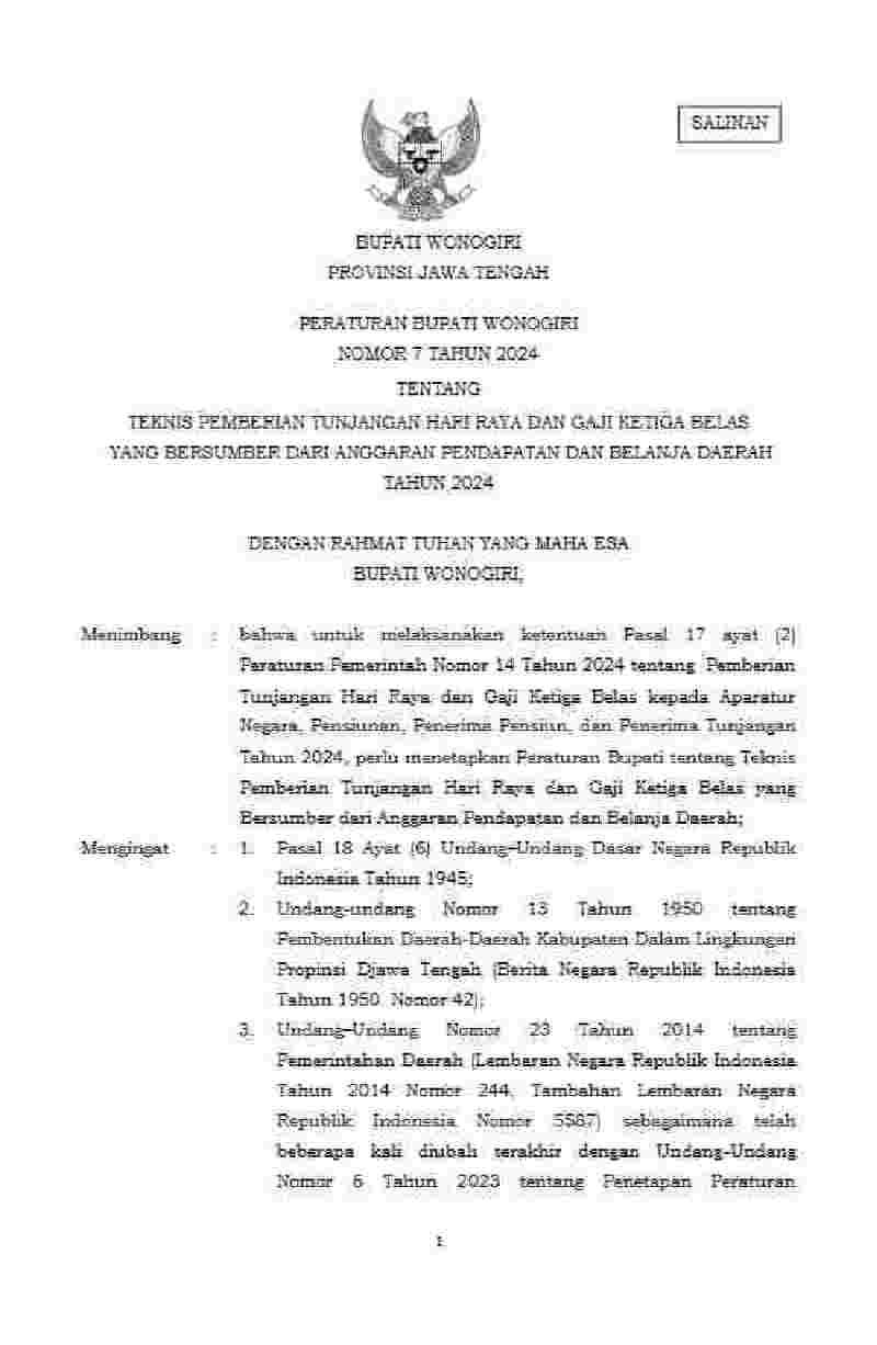 Peraturan Bupati Wonogiri No 7 tahun 2024 tentang Teknis Pemberian Tunjangan Hari Raya dan Gaji Ketiga Belas yang Bersumber Dari Anggaran Pendapatan dan Belanja Daerah Tahun 2024
