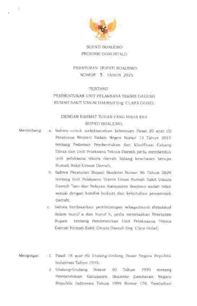 Peraturan Bupati Boalemo No 9 tahun 2025 tentang Pembentukan Unit Pelaksana Teknis Daerah Rumah Sakit Umum Daerah Drg. Clara Gobel