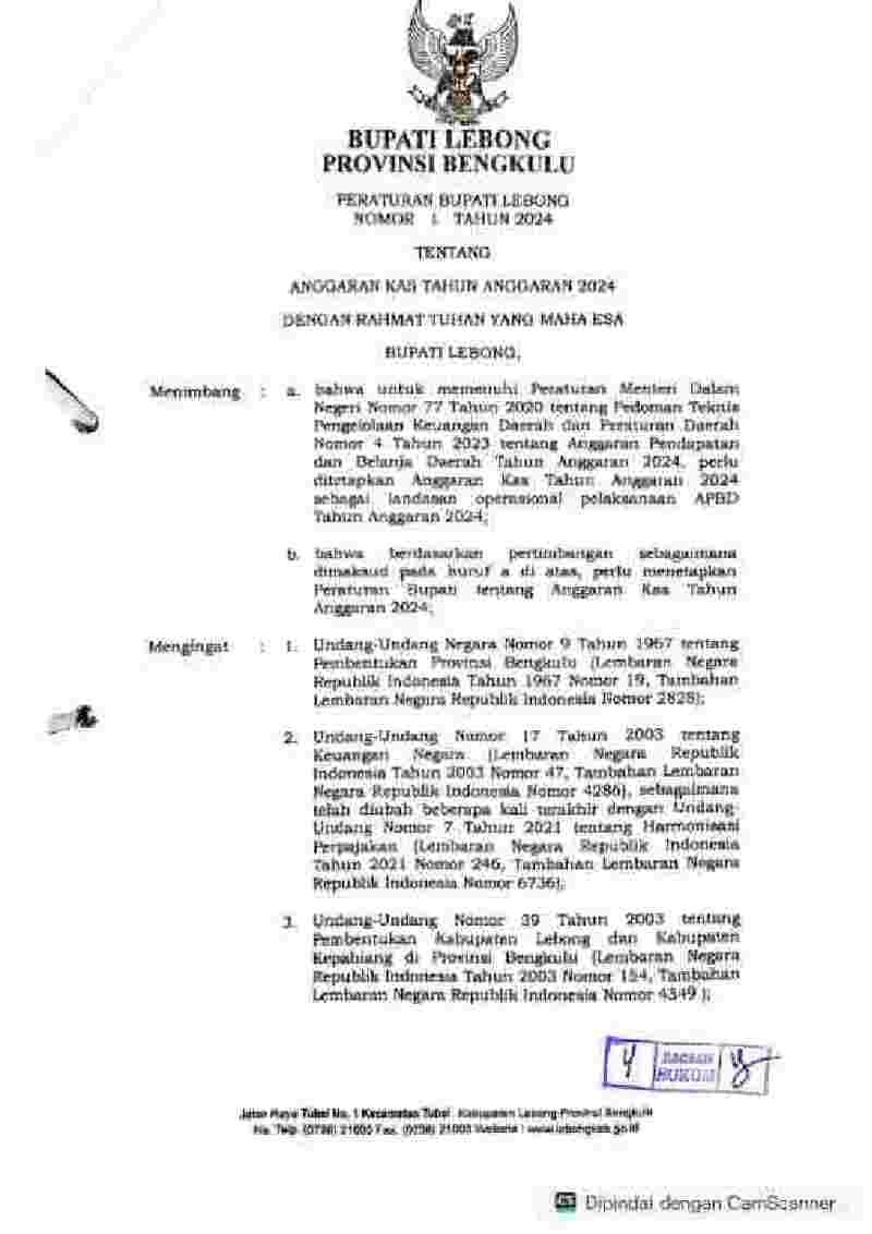 Peraturan Bupati Lebong No 1 tahun 2024 tentang Anggaran Kas Tahun Anggaran 2024