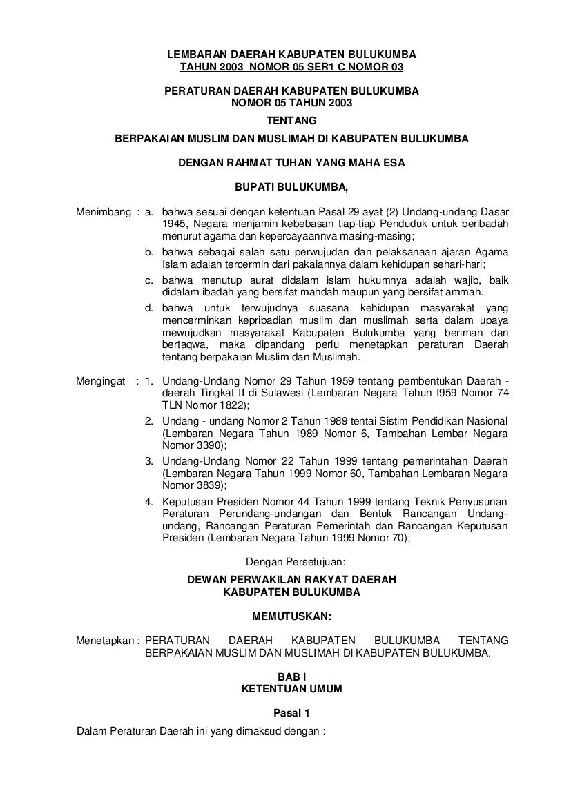 Peraturan Daerah Kabupaten Bulukumba No 5 tahun 2003 tentang Berpakaian Muslim Dan Muslimah Di Kabupaten Bulukumba