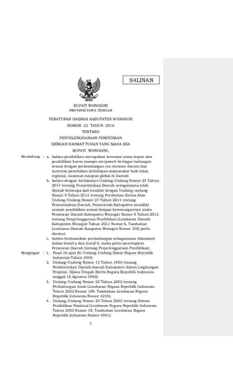 Peraturan Daerah Kabupaten Wonogiri No 22 tahun 2016 tentang Penyelenggaraan Pendidikan