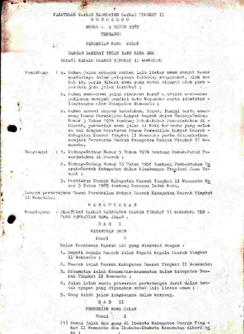 Peraturan Daerah Kabupaten Wonosobo No 5 tahun 1987 tentang Pemberian Nama Jalan